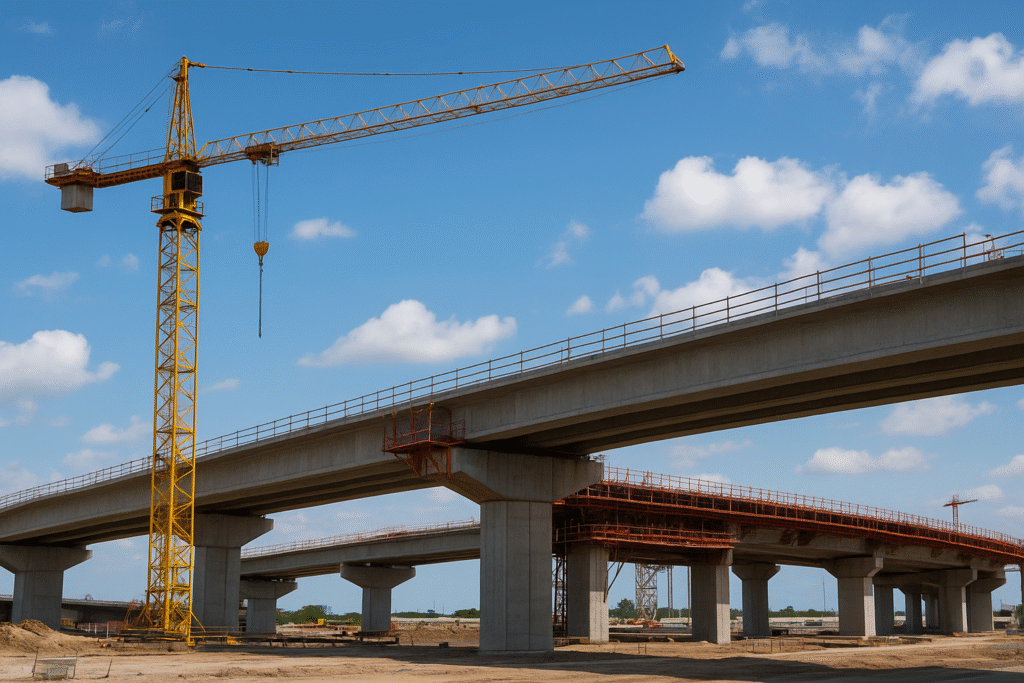 kwality cranes high-rise tower crane working at a bridge infrastructure construction site