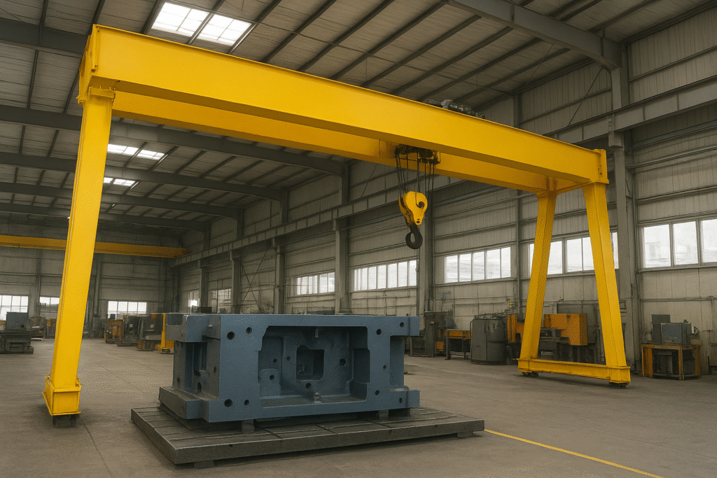 heavy-duty industrial gantry crane inside manufacturing warehouse