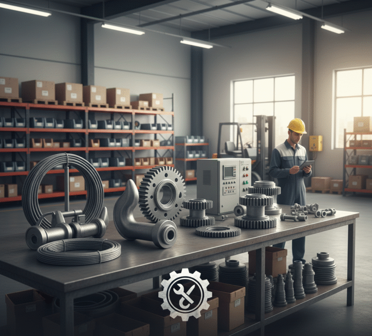 Industrial crane spare parts and mechanical components in warehouse.